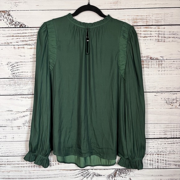 LOFT Tops - LOFT Dark Emerald Green Silky Shirt Blouse Size L Ruffle Neck Victorian Work